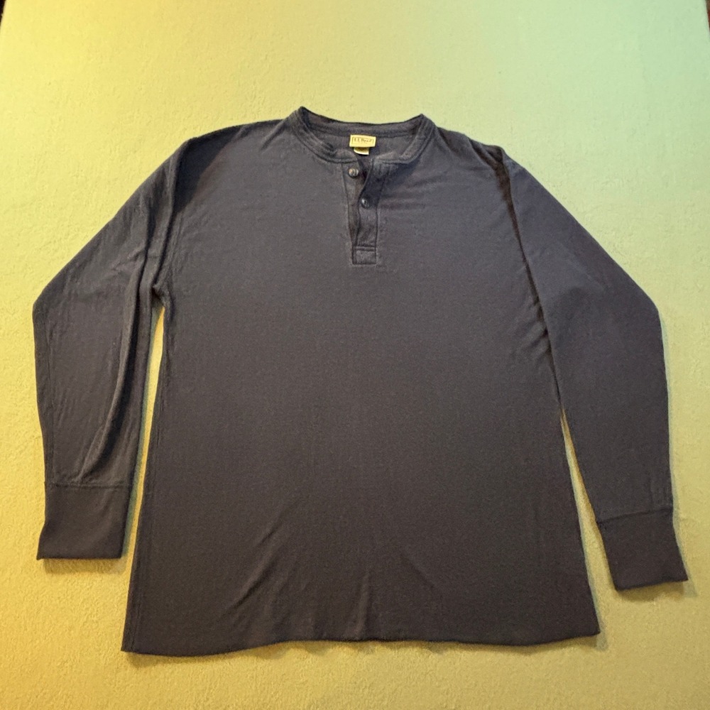 LL Bean River Driver Henley Shirt Mens L Navy Blue Wool Blend Long Sleeve